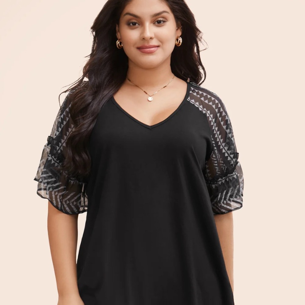 BloomChic Boho Print Patchwork Raglan Sheer Flutter Sleeve Black T-shirt